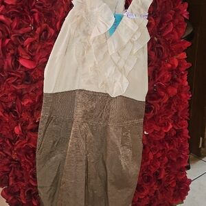 I.C.U. Collection Women's Ruffled Sleeveless Dress in Cream & Brown Size M/L